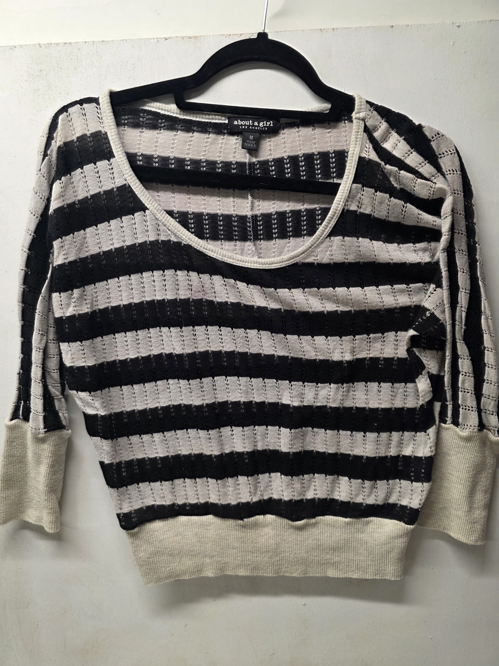 About a girl Black and Cream Striped Open-Knit Sweater - size Medium